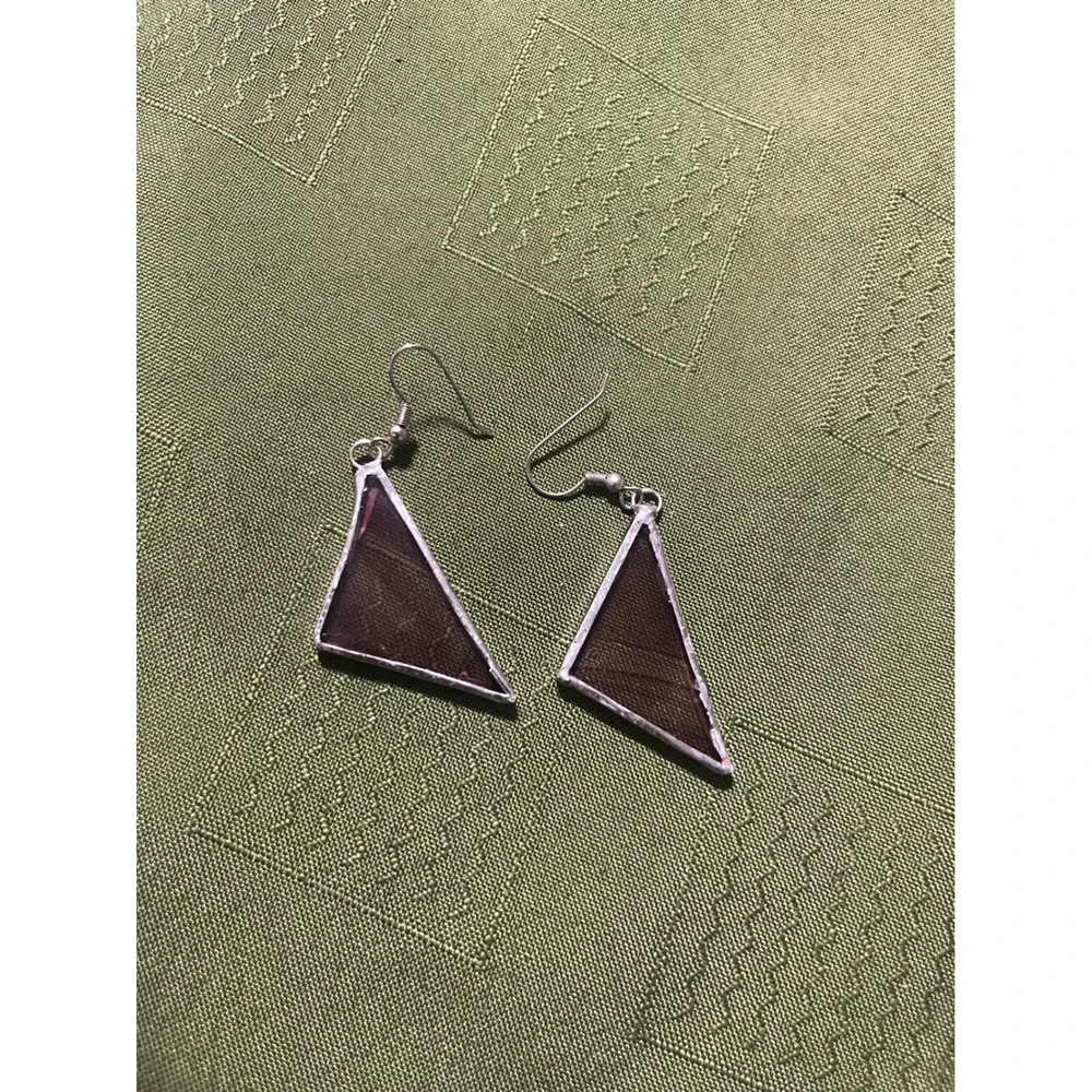 Handmade Geometric Stained Glass Triangle Dangle Earrings Purple Silver Tone